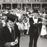 19 June 1986: Headmaster Eric Saunders, in bowler hat, and teacher Steven Aston, in mortar board, patrol the playground at Knavesmire Primary School YEP PIC