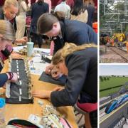 Main image: Students at The Mount School working on their bridge design at the Network Rail 'mythbusting' day. Right: the real thing - track being laid (top) and designs for the new Haxby station (bottom)