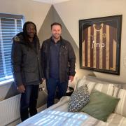 Darren Kelly and Paul Sackey with the framed City shirt at Bootham Crescent