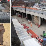Main image, left - the site of the Queen Street Bridge demolition. Top left: the brick pavement that was found. Bottom left,  broken pottery found at the site