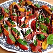 Peach and prosciutto skewers