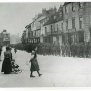 A battalion of newly enlisted men marching through Pocklington Market Place to Ousethorpe Camp.  Picture supplied by Pocklington Local History Group