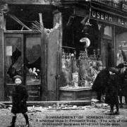 Merryweather’s food store on Prospect Road. The shopkeeper (pictured in the apron) lost his wife in the explosion              Pictures: Remember Scarborough by Bob Clarke