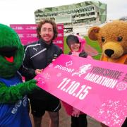 Yorkshire Cricketer Ryan Sidebottom with mascots and charity representatives and Plusnet's Caroline Richardson (front right) at the launch of this years Yorkshire Marathon. Picture: Anthony Chappel-Ross