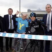 Announcing the race route, from left, Thierry Gouvenou, of the Amaury Sport Organisation, Welcome to Yorkshire chief executive Gary Verity, former racing cyclist Brian Robinson, Team Sky cyclist Ben Swift, and Jean-Etienne Amaury, of ASO