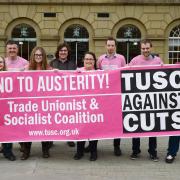 Members of the Trade Union and Socialist Coalition with their banner outside City of York Council’s HQ.                      Picture: Anna Gowthorpe