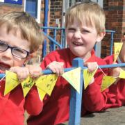Some of the pupils from Heworth Primary School with teacher Molly Newton and their bunting