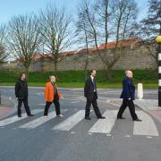 York Green Party councillors Andy D’Agorne and Dave Taylor recreate the Abbey Road album cover