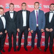 BLACK TIE AFFAIR: Some of the Knights party at the Kingstone Press Championships awards ceremony at Manchester's plush Midland Hotel. From left, assistant-coach Neil Hinchsliff, team manager Will Leatt, Young Player of the Year nominee Greg Minikin,