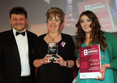 David Dickson, of Garbutt & Elliott, presents the Family Business of the Year award to Julie and Kayleigh Wilson (right) of Ye Olde Pie & Sausage Shoppe