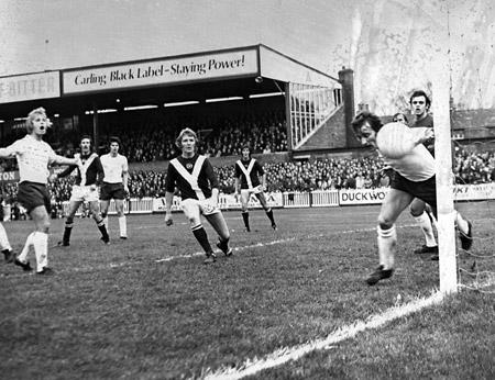 26/10/74 - York City 1, Bolton 3: A moment of desperation for the Bolton defenders as right back John Ritson watches a header from City's Barry Swallow go narrowly wide of the post. Other City players pictured are Chris Topping (left) and Jim Hinch