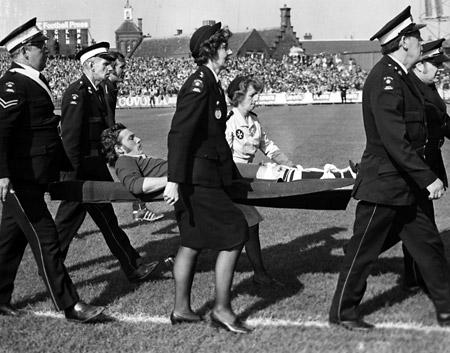 14/09/74 - York City 0, Sunderland 1: John Stone is carried from the pitch with a suspected leg fracture, later diagnosed as a possible trapped nerve.