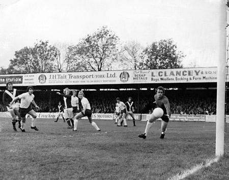 26/10/74 - York City 1, Bolton 3: Bolton 'keeper Siddall watches anxiously as a Jimmy Seal effort beats him to hit the post in City's first raid.