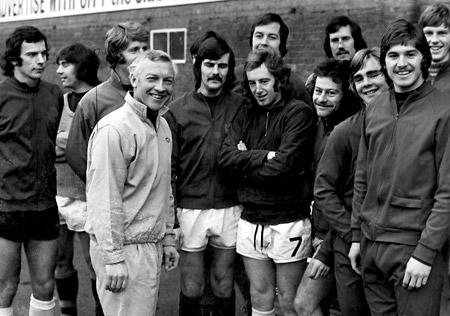 Clive Baker, caretaker manager at York City, after the departure of Tom Johnston to Huddersfield, speaks with some of the players - Barry Swallow, John Woodward, Ian Holmes, Graeme Crawford, Brian Pollard and Chris Topping.