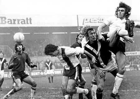 07/02/76 - York City 2, Luton Town 3: Tight marking by the Luton defenders on City centre forward, Jimmy Seal during an anxious moment for the visitors following a corner kick. Barry Swallow is just behind with Steve James (left) and Brian Pollard, rear