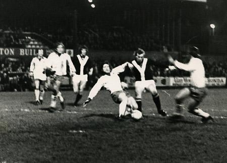 24/02/76 - York City 0, Orient 2: Jimmy Seal tries to take on two Orient defenders in the area.