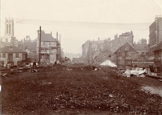Piccadilly in York, under construction in 1912. The church tower on the left is that of All Saints Pavement.