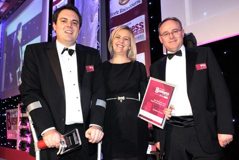 James Buffoni (left) and Zoe Hemingfield of the Ryedale Group receive the Best Business and Higher Education Link Award from the University of York's Andrew Ferguson.