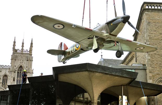 A  Hawker Hurricane is positioned on top of the Theatre Royal in York