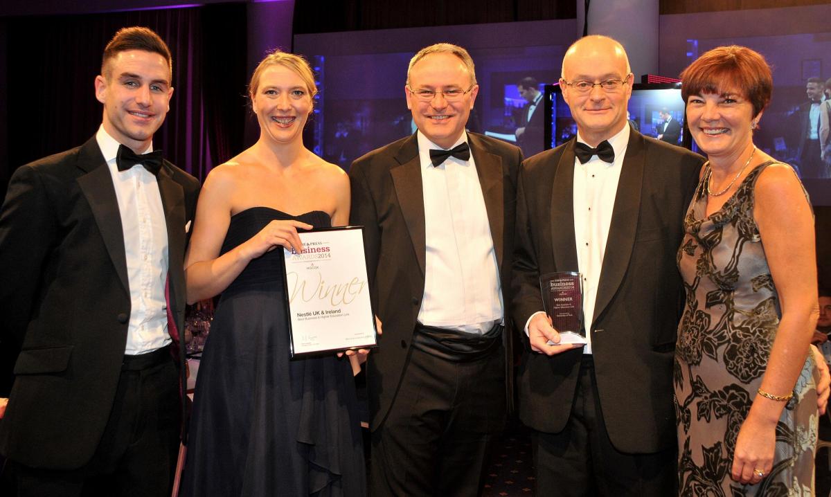 Andrew Ferguson, centre, from the University of York, presents Best Business and Higher Education Link award to winners Nestlé UK, who are represented by, from left, Tom Bamham, Fiona Millar, Richard Martin and Odette Forbes