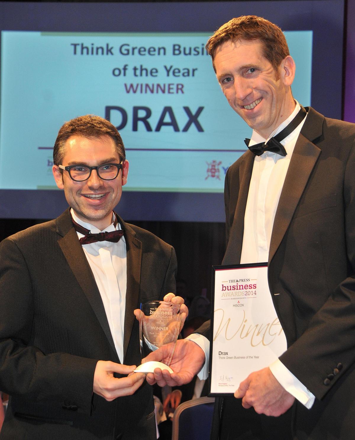 The Think Green Business of the Year award is presented to Jason Shipstone, right, of Drax power station, by  City of York Council leader James Alexander 