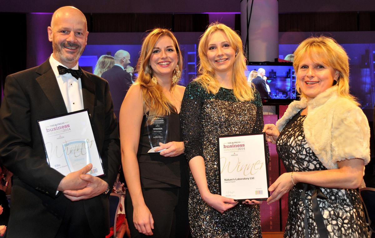  The joint winners of the Dare to Export category, Richard Shaw, left, of Ellis, and Cecily Fearnley and Lucy Hutchinson, of Nature’s Laboratory, receive their awards from Kersten England, right, chief executive of City of York Council