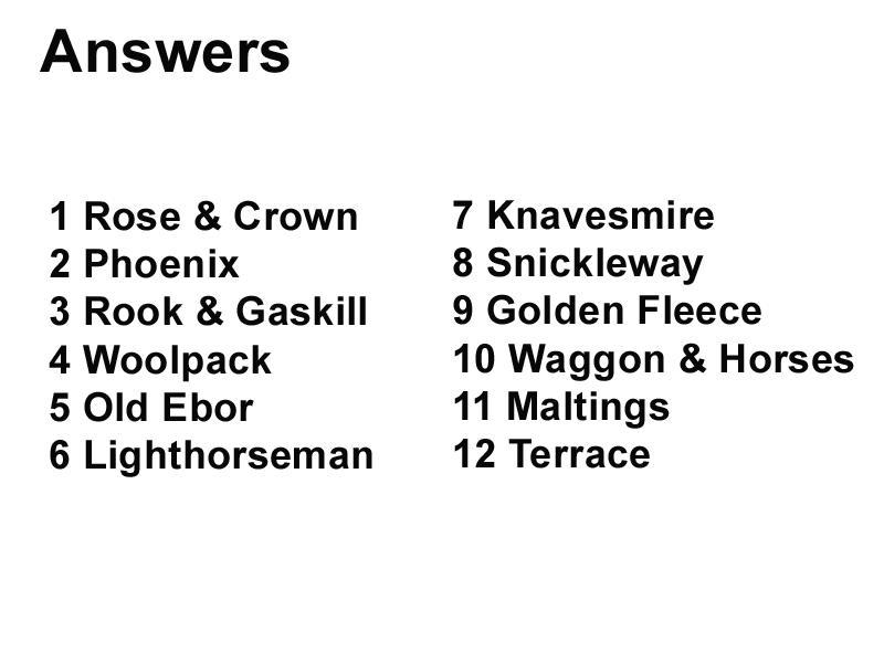 Answers: 1 Rose & Crown, 2 Phoenix, 3 Rook & Gaskill, 4 Woolpack, 5 Old Ebor, 6 Lighthorseman, 7 Knavesmire, 8 Snickleway, 9 Golden Fleece, 10 Waggon & Horses, 11 Maltings, 12 Terrace