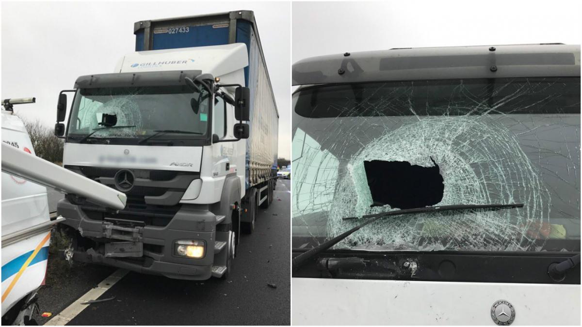 Lucky escape for lorry driver after pipe shatters windscreen in three-vehicle accident