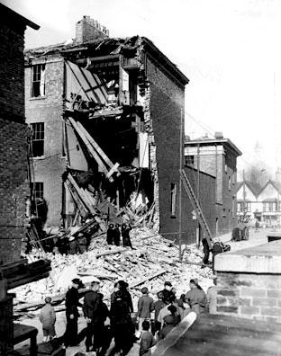 The Bar Convent (facing towards Blossom Street) the morning after an air raid on York in 1942.