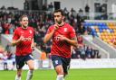 Maziar Kouhyar celebrates his 78th minute equaliser in York City's 2-2 draw with unbeaten Solihull Moors.