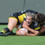 York City Knights Ladies co-captain Katie Langan celebrates her try. Picture: Stephen Gaunt