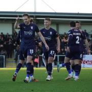 York City's Callum Howe celebrates a deserved 2-0 victory at fellow strugglers AFC Fylde.