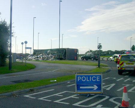An overturned lorry on York's outer ring road near Rawcliffe. Picture taken by Graham, and sent in by Seán Diver.
