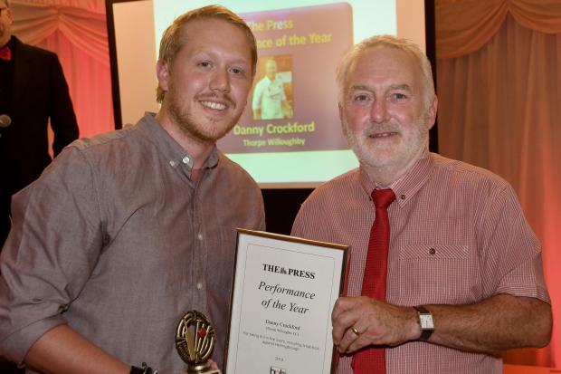 Danny Crockford of Thorpe Willoughby recieves the Press Performance of the Year award from league press officer Graham Purdy at the HPH York Vale and Foss Evening League Awards 2019. Picture: David Harrison