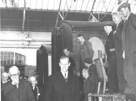 The Duke of Edinburgh visits York Carriageworks in 1955.