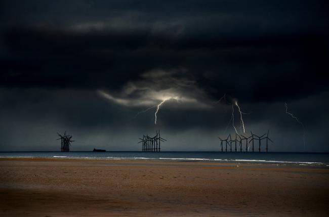 Richard Sparnenn's photo of a dramatic electrical storm over wind farms off the coast at Redcar yesterday