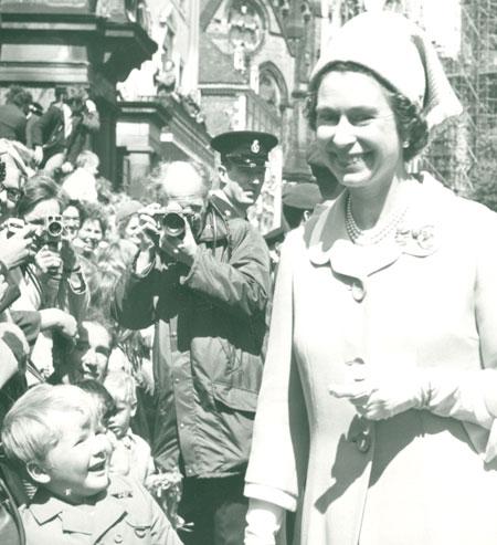 The Royal visit of 1971. HRH The Queen with The Minster in the background.  We've zoomed in on this picture in case anyone recognises the little boy who is so obviously happy at seeing The Queen.