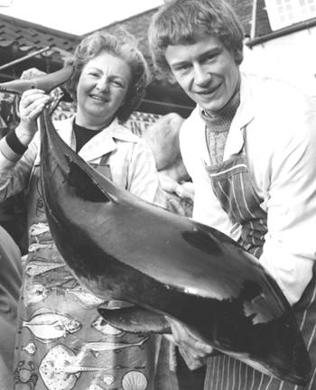Mrs Jean Kenny and Robin Witcombe hold a 7st porpoise on display at Cross of York's stall in Newgate Market.
The porpoise died after it became entangled in fisherman's nets off Whitby in 1982. It was brought to York to show to children.