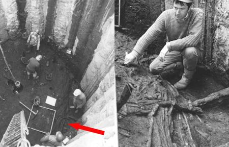 These two pictures were taken in 1993.  The picture on the right show an ancient Viking river wall found near what was the Viking Hotel.  The image on the left show how deep the archaeologists had to dig while the red arrow locates the wall. 