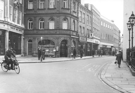 Coney Street in March 1974.  Barclays Bank, Burgins, Dixon, Abbey National, Evans Shoe Shop and Cantors are the shops from left to right.