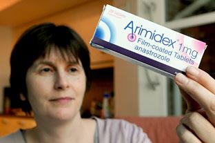 Breast cancer patient Marion Barclay, of Bishopthorpe, holds a box of the drug Arimidex