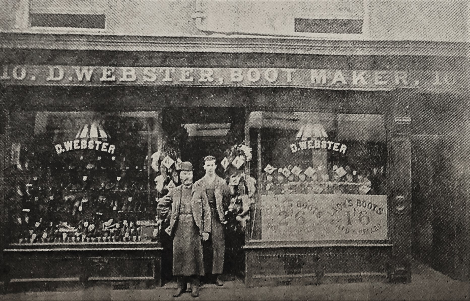 The shop as it looked in the 1890s, with Mr Darley Webster (founder) in a bowler and W R Webster, in their working rig at the entrance.