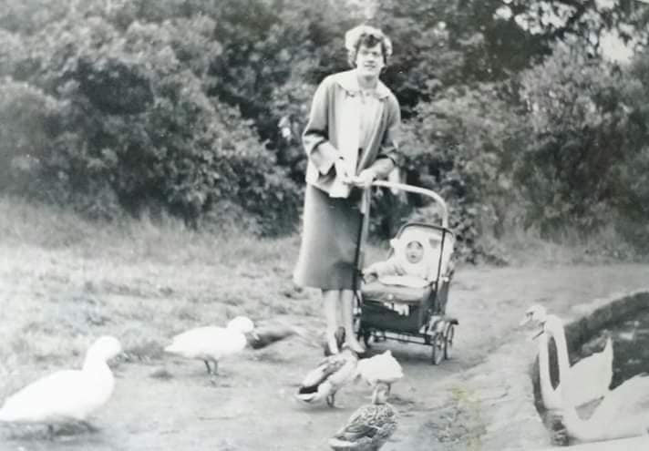 Lynne in her pushchair with her mum Jean around 1954 - and feeding the ducks at Rowntree Park