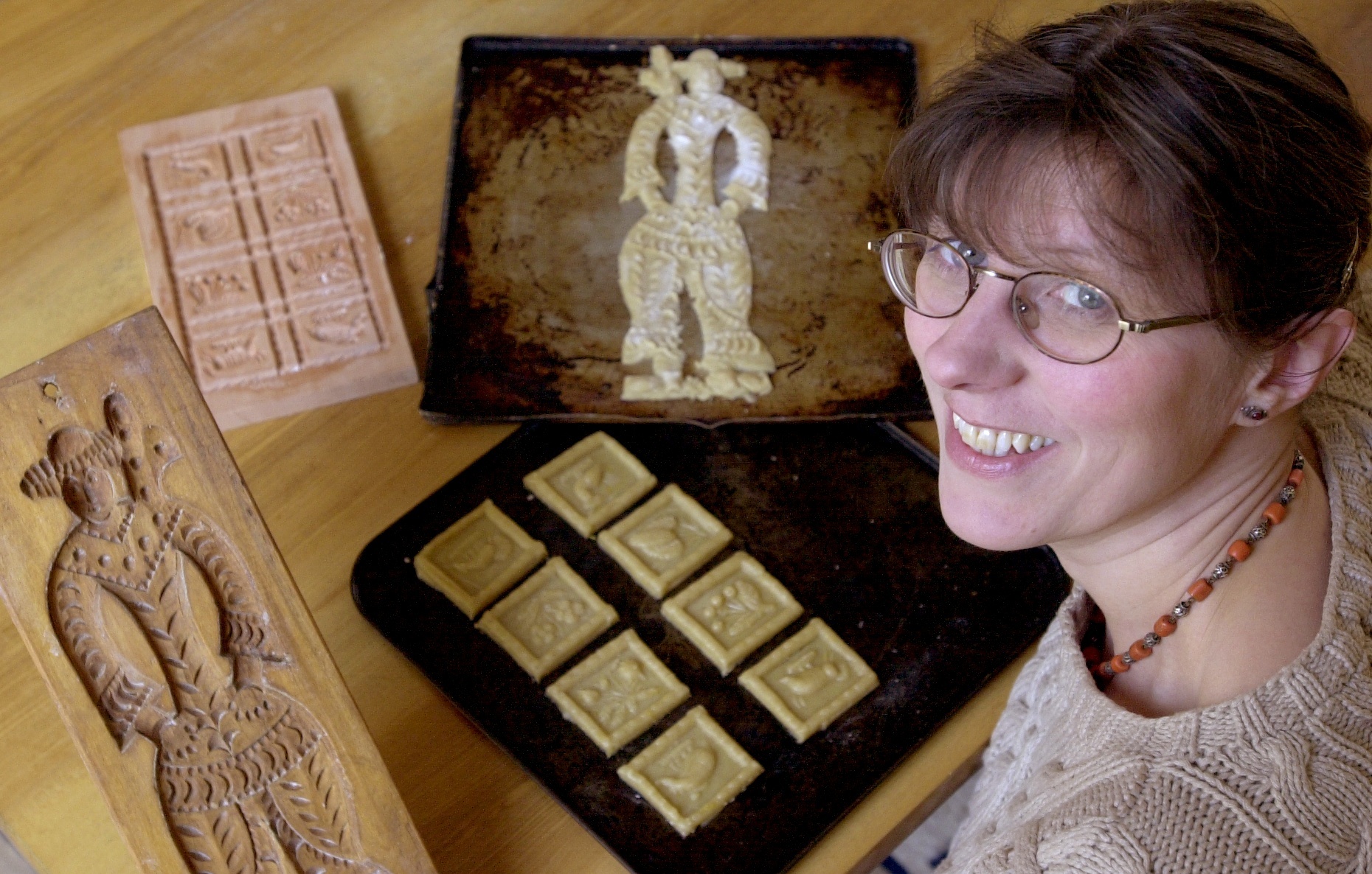Laura Mason, food historian and one of the founders of the North Yorkshire branch of the Slow Food Movement, with some of her traditional gingerbread moulds in April 2002 