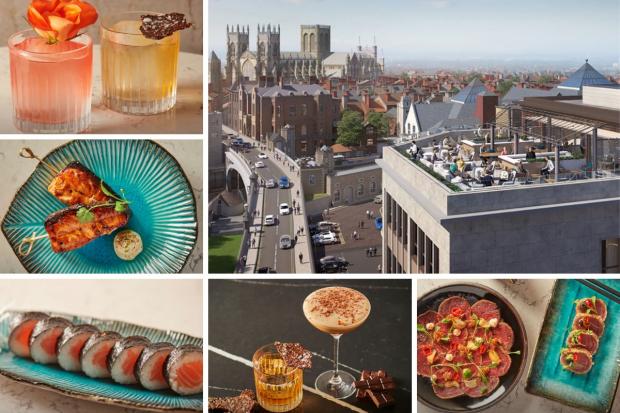 The planned roof top bar at Malmaison in York and examples of food and drink at its roof top tapas bar Sora. Delays mean the hotel's opening is to be delayed by several weeks