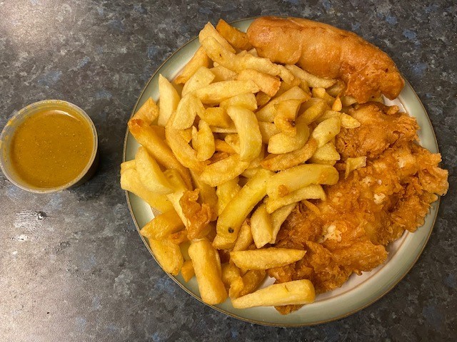 Cod and chips with curry sauce