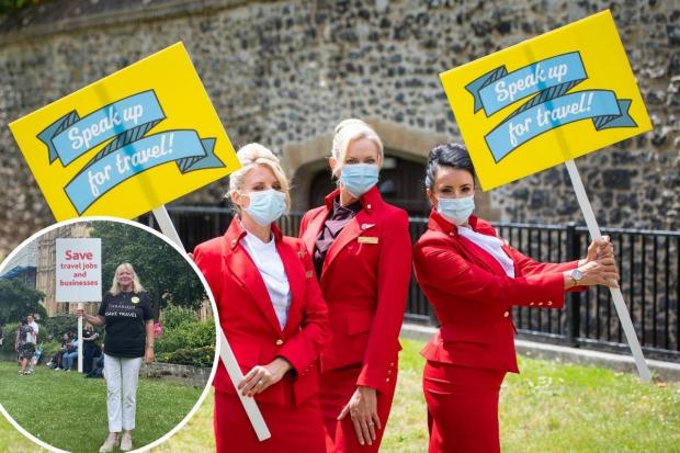 Virgin cabin crew protest with, inset, Gill Jackson, the owner of Embarque Travel in Pocklington Main Picture: PA
