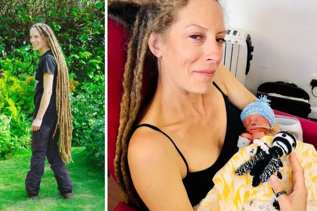 Jessica Herbert, pictured with son Oaken, right, and her 4ft long dreadlocks, left, which are set to get chopped to support the hospice that helped the family Pictures: SWNS