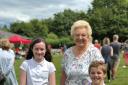 Marjorie Murray with school councillors Beth Steel and Jacob Nesfield at the Welburn School Fete, July 2019.