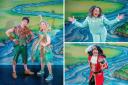 Jason Battersby as Peter Pan and Maddie Moate as Tinkerbell, left, with, top right, Faye Campbell as Emily Darling and Paul Hawkyard as Captain Hook, bottom right